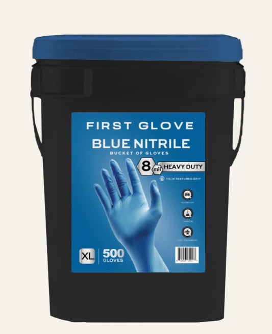 First Glove HD 8 Mil Bucket Blue Nitrile Disposable Exam Gloves with Fully Texture